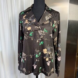Vintage 70s blouse, chocolate brown, pink, tan floral, long sleeves, 12/14 (L)